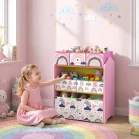 AIYAPLAY Toy Storage Organiser, 3-Tier Wooden Kids Toy Storage Rack with 6 Fabric Storage Bins for Bedroom, Kids Room, Pink(m-9)