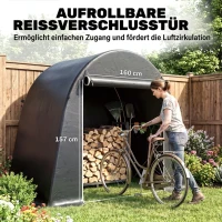 Outsunny Tragbarer Gartenschuppen, Fahrradzelt, Rolltür mit Reißverschluss, Metallrahmen, vielseitige Aufbewahrung, Kunststoff-Abdeckung, Dunkelgrau(m-6)