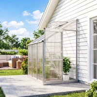 Outsunny 6 x 4ft Lean to Wall Polycarbonate Greenhouse Aluminium Walk-in Garden Greenhouse with Adjustable Roof Vent, Rain Gutter and Sliding Door, Clear(m-9)