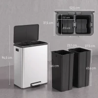 HOMCOM Küchenabfalleimer 2 x 30 L, Tretmülleimer aus Edelstahl mit Herausnehmbaren Behältern und Soft-Close-Deckel, Silber(m-3)