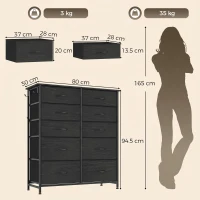 HOMCOM Chest of Drawers, Dresser with 10 Fabric Drawers, Tall Storage Unit with 4 Pockets and 2 Hooks Steel Frame, Black(m-3)