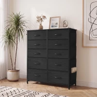 HOMCOM Chest of Drawers, Dresser with 10 Fabric Drawers, Tall Storage Unit with 4 Pockets and 2 Hooks Steel Frame, Black(m-14)
