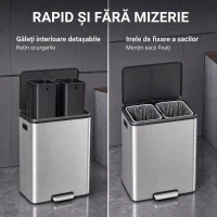 HOMCOM Coș de bucătărie 2 x 30 L, cu pedală, din oțel inoxidabil, găleți detașabile și capac soft-close, argintiu(m-6)