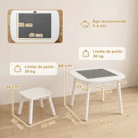 AIYAPLAY Bureau et Chaise pour Enfant 2 Pièces avec Plateau de Construction en Briques et Sac en Filet, 3 à 6 Ans, Blanc(m-3)