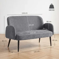 HOMCOM 132cm 2 Seater Sofa, Velvet Comfy Small Sofa Couch with Wide Seat, Thick Padding, Tapered Metal Legs, Light Grey(m-3)