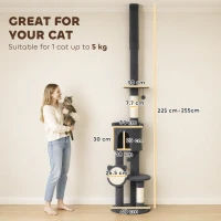 PawHut Copac pentru zgâriat până la tavan 225–255 cm reglabil în înălțime, copac pentru pisici cu 5 nivele, stâlpi sisal, placă de zgâriat, hamac(m-3)