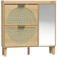 HOMCOM Pantofar Îngust Boem cu Oglindă 2 Uși din Ratan Dulap 10 Perechi Rafturi Reglabile 94,5x24x96,5 cm Stejar(m-1)