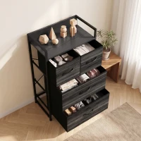 HOMCOM Rustic Chest of Four Fabric Drawers - Black Wood Effect(m-8)