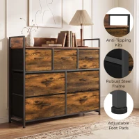 HOMCOM Chest of Drawers with 7 Drawers, Industrial Fabric Storage Unit with Top Shelf and Steel Frame for Bedroom, Rustic Brown(m-7)