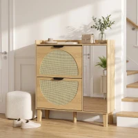 HOMCOM Pantofar Îngust Boem cu Oglindă 2 Uși din Ratan Dulap 10 Perechi Rafturi Reglabile 94,5x24x96,5 cm Stejar(m-5)
