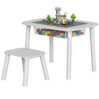 AIYAPLAY Bureau et Chaise pour Enfant 2 Pièces avec Plateau de Construction en Briques et Sac en Filet, 3 à 6 Ans, Blanc(m-17)