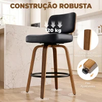 HOMCOM Bancos de Bar Giratórios 360° em Pele Sintética PU com Pernas de Madeira Curvas, Encosto Acolchoado e Apoio para os Pés, 44x49x95 cm, Preto(m-7)