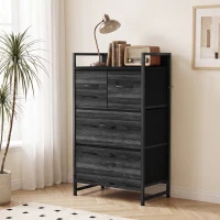 HOMCOM Rustic Chest of Four Fabric Drawers - Black Wood Effect(m-14)