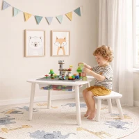 AIYAPLAY Bureau et Chaise pour Enfant 2 Pièces avec Plateau de Construction en Briques et Sac en Filet, 3 à 6 Ans, Blanc(m-16)
