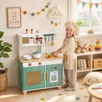 AIYAPLAY Cucina Giocattolo per Bambini in Legno con Accessori, Fornelli, Macchina del Caffè, Armadietto, 3-6 Anni, Verde(m-10)