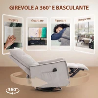 HOMCOM Poltrona Relax Massaggiante e Reclinabile con Telecomando e Poggiapiedi, 71x93x99 cm, in Ciniglia Grigio Chiaro(m-6)