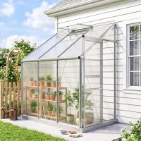Outsunny 6 x 4ft Lean to Wall Polycarbonate Greenhouse Aluminium Walk-in Garden Greenhouse with Adjustable Roof Vent, Rain Gutter and Sliding Door, Clear(m-2)