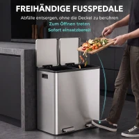 HOMCOM 2 x 30 L Küchenmülleimer, Edelstahl-Treteimer mit herausnehmbaren Inneneimern und Soft-Close-Deckeln, silber(m-7)