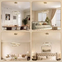 HOMCOM Suspension Luminaire avec 2 Anneaux, Lustre Suspendu LED à 3 Températures de Couleur, Hauteur Réglable, Doré(m-7)