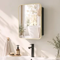 HOMCOM Bathroom Medicine Mirror Cabinet, Bathroom Wall Cabinet w/ Storage, Magnetic Door, Adjustable Shelf, Natural Wood Finish(m-2)