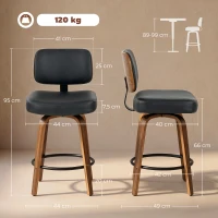 HOMCOM Bancos de Bar Giratórios 360° em Pele Sintética PU com Pernas de Madeira Curvas, Encosto Acolchoado e Apoio para os Pés, 44x49x95 cm, Preto(m-3)