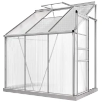 Outsunny 6 x 4ft Lean to Wall Polycarbonate Greenhouse Aluminium Walk-in Garden Greenhouse with Adjustable Roof Vent, Rain Gutter and Sliding Door, Clear(m-10)