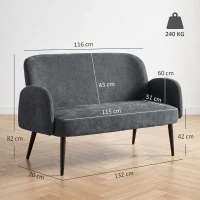 HOMCOM 132cm 2 Seater Sofa, Velvet Comfy Small Sofa Couch with Wide Seat, Thick Padding, Tapered Metal Legs, Dark Grey(m-3)