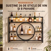 HOMCOM Suport de perete pentru sticle cu LED, suport pentru pahare și rafturi, negru(m-4)