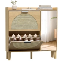 HOMCOM Pantofar Îngust Boem cu Oglindă 2 Uși din Ratan Dulap 10 Perechi Rafturi Reglabile 94,5x24x96,5 cm Stejar(m-7)