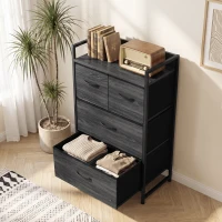 HOMCOM Rustic Chest of Four Fabric Drawers - Black Wood Effect(m-9)