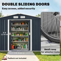 Outsunny 9 x 6ft Metal Bicycle Shed, Outdoor Storage Tool House with Ventilation Slots, Foundation Kit and Lockable Double Doors, Dark Grey(m-6)