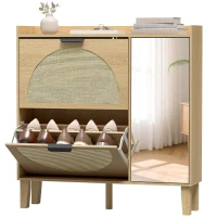 HOMCOM Zapatero Estrecho Bohemio con Espejo 2 Puertas de Ratán Armario 10 Pares Estantes Ajustables 94,5x24x96,5 cm Roble(m-11)