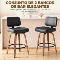 HOMCOM Bancos de Bar Giratórios 360° em Pele Sintética PU com Pernas de Madeira Curvas, Encosto Acolchoado e Apoio para os Pés, 44x49x95 cm, Preto(m-4)