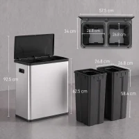 HOMCOM Coș de gunoi automat cu senzor de mișcare în infraroșu și sistem de separare a deșeurilor, capac, 60L, Argintiu(m-3)