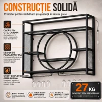 HOMCOM Suport de perete pentru sticle cu LED, suport pentru pahare și rafturi, negru(m-7)
