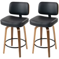 HOMCOM Bancos de Bar Giratórios 360° em Pele Sintética PU com Pernas de Madeira Curvas, Encosto Acolchoado e Apoio para os Pés, 44x49x95 cm, Preto(m-11)