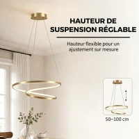 HOMCOM Suspension Luminaire avec 2 Anneaux, Lustre Suspendu LED à 3 Températures de Couleur, Hauteur Réglable, Doré(m-5)