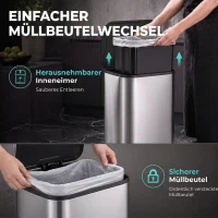 HOMCOM 30L Küchenmülleimer, Treteimer aus Edelstahl mit Soft-Close- und Offenhaltefunktion, herausnehmbarer Inneneimer, Silber(m-6)