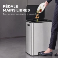 HOMCOM Poubelle à Double Compartiment 2 x 30L, Poubelle de Cuisine en Acier Inoxydable, Couvercle à Fermeture Douce, Argent(m-7)