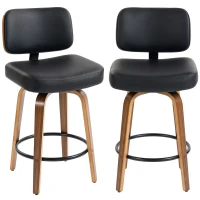 HOMCOM Bancos de Bar Giratórios 360° em Pele Sintética PU com Pernas de Madeira Curvas, Encosto Acolchoado e Apoio para os Pés, 44x49x95 cm, Preto(m-1)