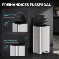 HOMCOM 30L Küchenmülleimer, Treteimer aus Edelstahl mit Soft-Close- und Offenhaltefunktion, herausnehmbarer Inneneimer, Silber(m-5)