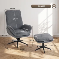 HOMCOM Relaxsessel mit 130° Liegefunktion, Fernsehsessel mit Hocker und Stahlrahmen, Grau(m-3)