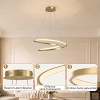 HOMCOM Suspension Luminaire avec 2 Anneaux, Lustre Suspendu LED à 3 Températures de Couleur, Hauteur Réglable, Doré(m-6)
