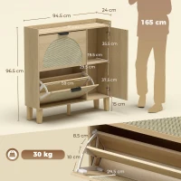HOMCOM Pantofar Îngust Boem cu Oglindă 2 Uși din Ratan Dulap 10 Perechi Rafturi Reglabile 94,5x24x96,5 cm Stejar(m-3)