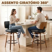 HOMCOM Bancos de Bar Giratórios 360° em Pele Sintética PU com Pernas de Madeira Curvas, Encosto Acolchoado e Apoio para os Pés, 44x49x95 cm, Preto(m-6)