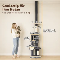 PawHut Rascador hasta el techo 225–255 cm ajustable, árbol para gatos de 5 niveles con postes de sisal, tabla rascadora, hamaca(m-3)