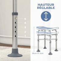 HOMCOM Tabouret de Douche, Hauteur Ajustable 39-51,5 cm, Barre d'Appui à Ventouse, Patins à Ventouse, Bleu Clair(m-5)