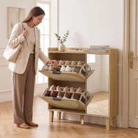 HOMCOM Pantofar Îngust Boem cu Oglindă 2 Uși din Ratan Dulap 10 Perechi Rafturi Reglabile 94,5x24x96,5 cm Stejar(m-4)
