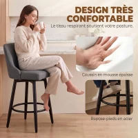 HOMCOM Lot de 2 Tabourets de Bar Pivotants, Chaises de Bar en Tissu Effet Lin, Dossier Capitonné, Repose-Pieds, Gris(m-5)