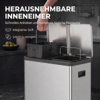 HOMCOM 2 x 30 L Küchenmülleimer, Edelstahl-Treteimer mit herausnehmbaren Inneneimern und Soft-Close-Deckeln, silber(m-6)